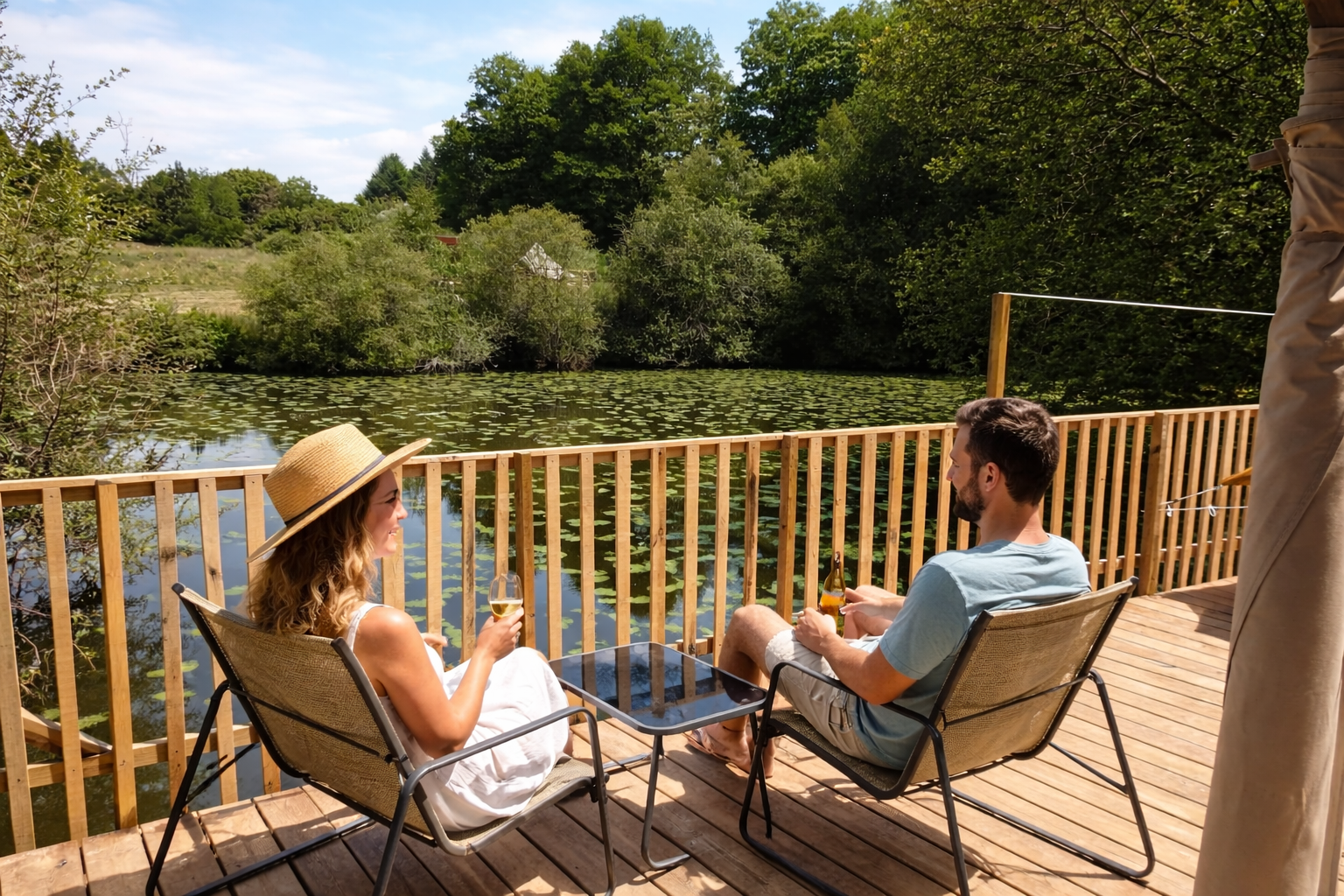 Koppel op een terras met zicht op de vijver